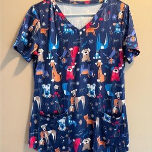 Women's Navy Short Sleeve V-Neck Tee with Playful Dog & Cat Print Scrub Top
